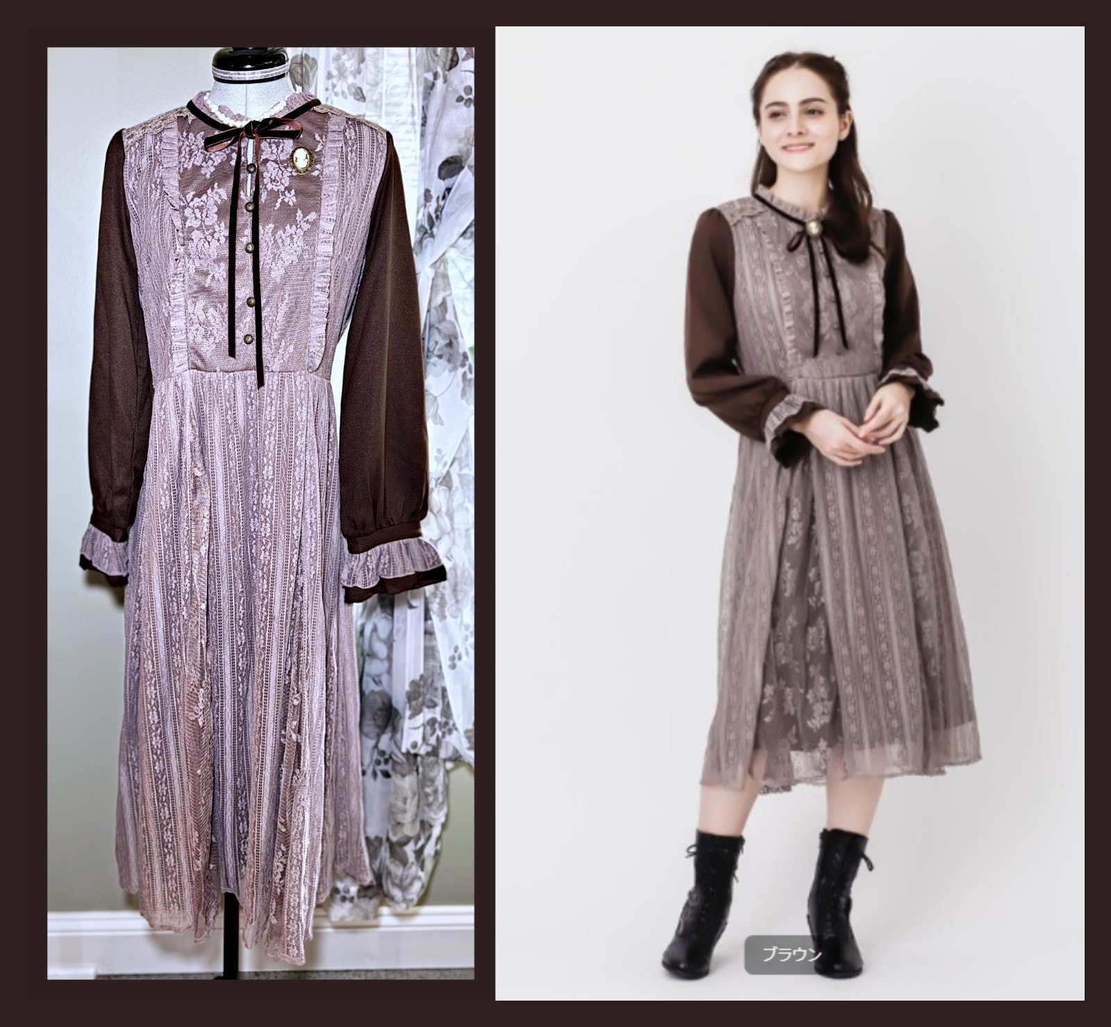 Axes Femme Brown Lace Dress With Cameo Brooch J Fashion Cottagecore Mori Kei